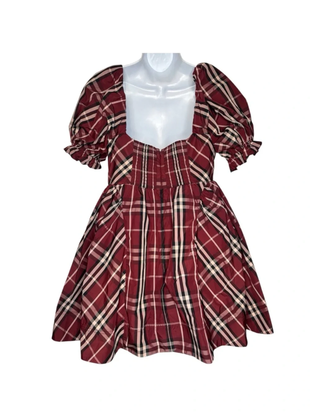 Anthropologie Mauve Burgandy tartan plaid puff sleeve mini dress  sz  Med NWT - Picture 3 of 10